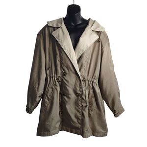 Vintage Essentials Women Taupe Tan Hooded Double Breasted Trench Coat Sz  L NWT